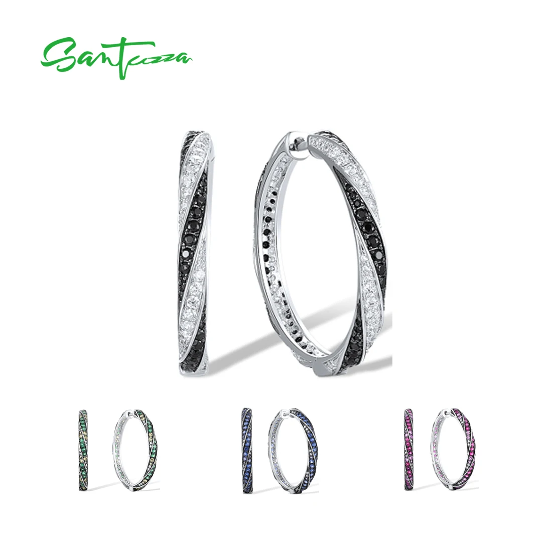 

SANTUZZA Pure 925 Sterling Silver Earrings For Women Round Gradient Green/Blue/Red Stones Hoop Earrings Classic Fine Jewelry