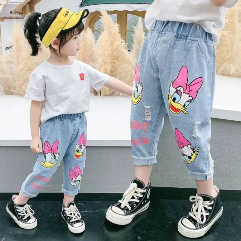 Primavera estate bambini Cartoon Daisy Jeans sottili neonate pantaloni larghi in Denim pantaloni Casual moda per bambini per 2-6 anni