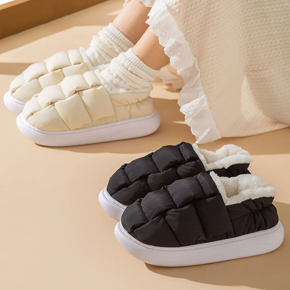 

Shevalues New Fashion Fur Slippers Women Men Winter Warm Plush Bread Shoes Thick Bottom Non Slip Couple Home Furry Cotton Slides