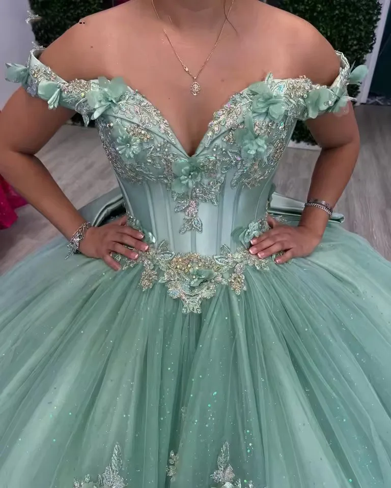 Glitter Sage Green Princess Quinceanera Dresses Ball Gown Sweet 15 Dress Lace Appliqued Vestidos De 15 Quincea&ntilde;eras