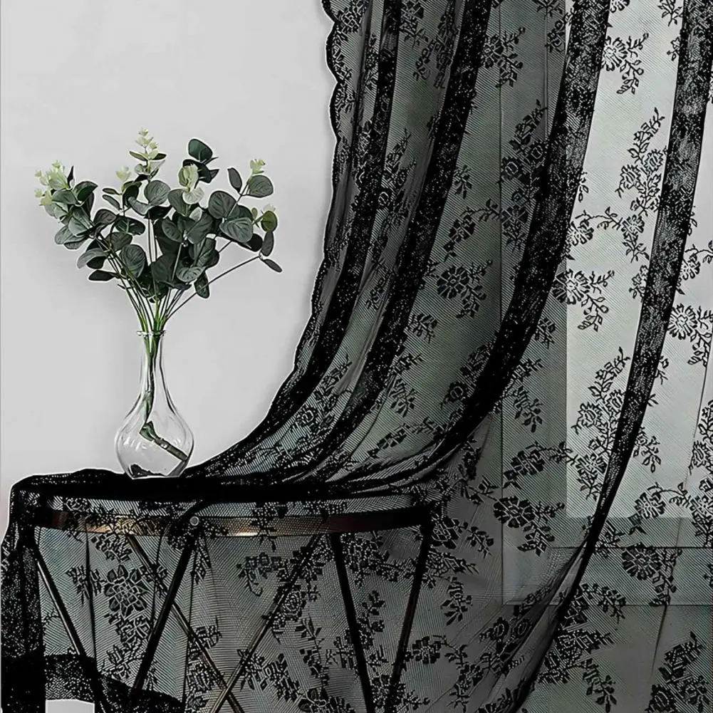 Window Drape  Attractive Dustproof Long Lasting  Floral Patterned Black Lace Sheer Curtain Home Supplies