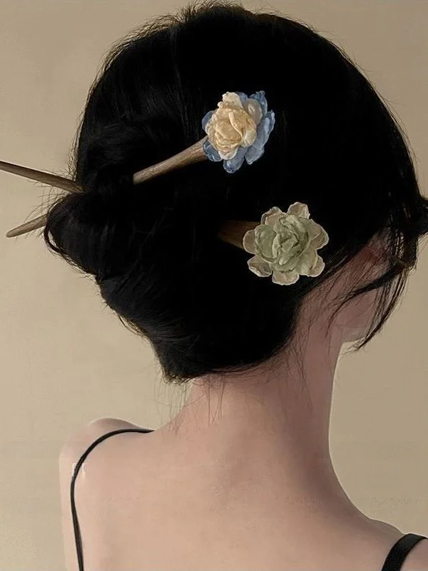 새로운  중국 스타일 차 장미 머리핀 수 놓은 패브릭 3D 꽃 머리핀 Qipao Updo 헤어 액세서리 유행