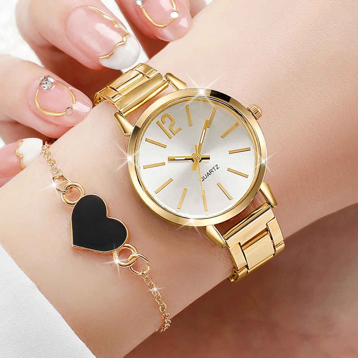 4pcs/Set Fashion Women's Steel Band Watch Minimalist Small Disc Quartz Watch Love Bracelet Set