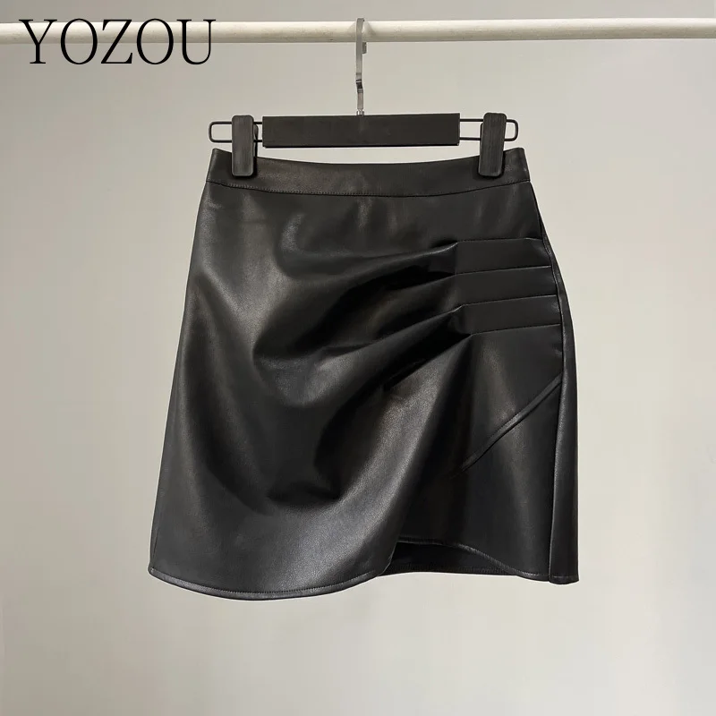 

[YOZOU] Vintage Aesthetic PU Faux Leather Black High Waist Asymmetrical Mini Wrap Skirt Back Zipper Korean Style Gothic