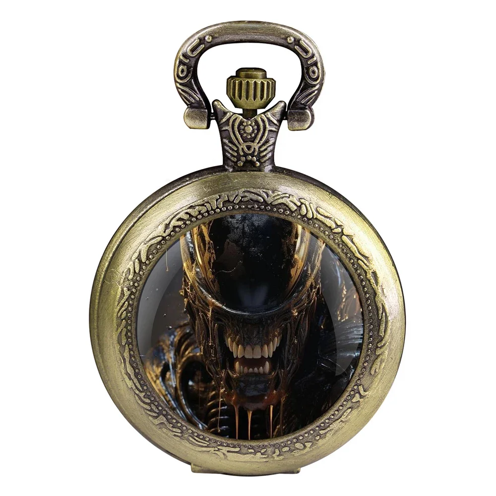 Alien Xenomorph Design Glass Dome Quartz Pocket Watch with Chain Vintage Men Women Necklace Pendant Clock Best Gifts for Kids