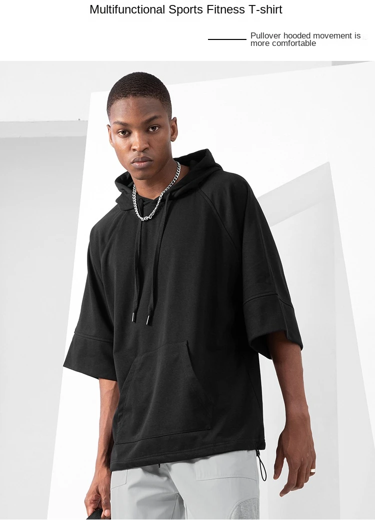 Loose-Fit Hoodie T-Shirt  Mens Summer Short Sleeve Loose Plus Size Xxxl Fashion Drawcord Hooded Drop Shoulder Tshirt Fitness Tees Sportswear Tops Hoodies for Man in blck