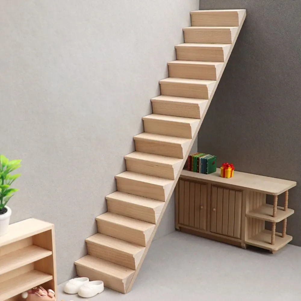 Miniature Dollhouse Wooden Stairway with Handrail – DIY Pretend Play Furniture