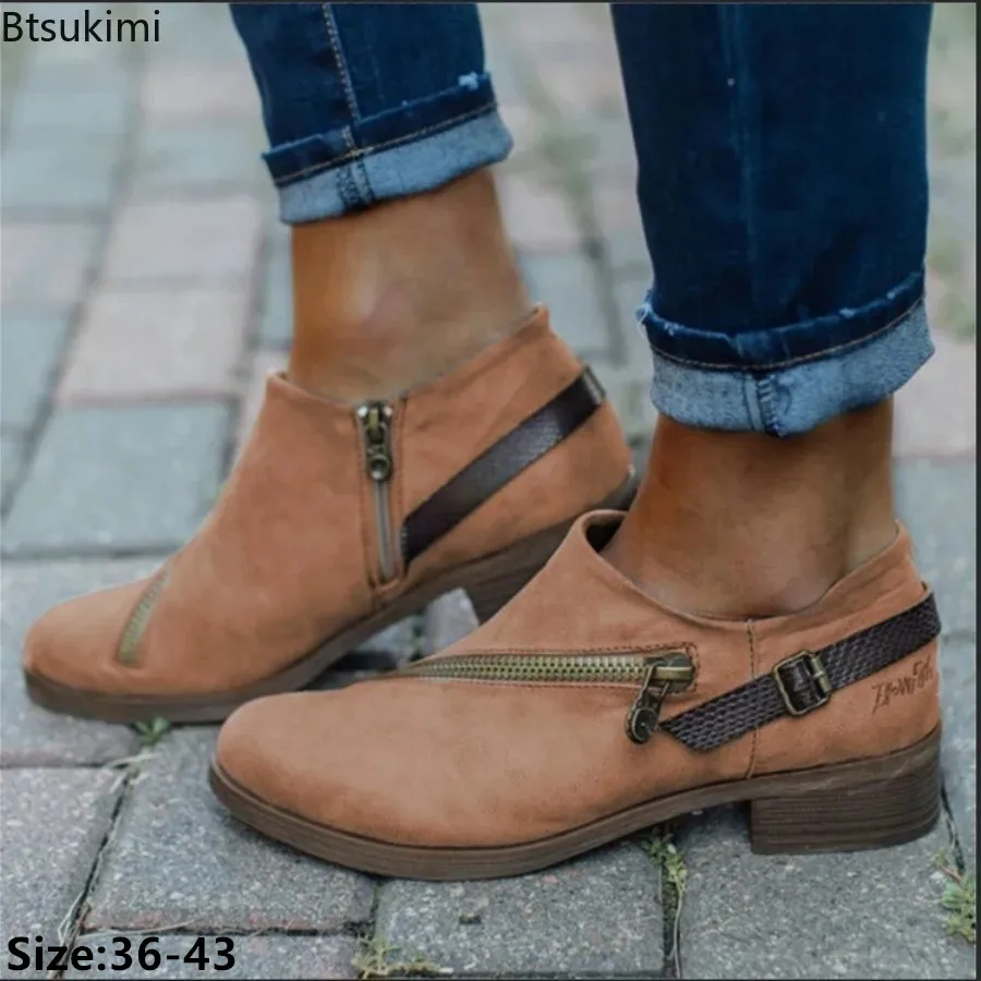 New Women's Martin Boots Spring Autumn Side Zipper Low Heels Females Boots Fashion Round Toe Chelsea Boots Shoes Large Size 43