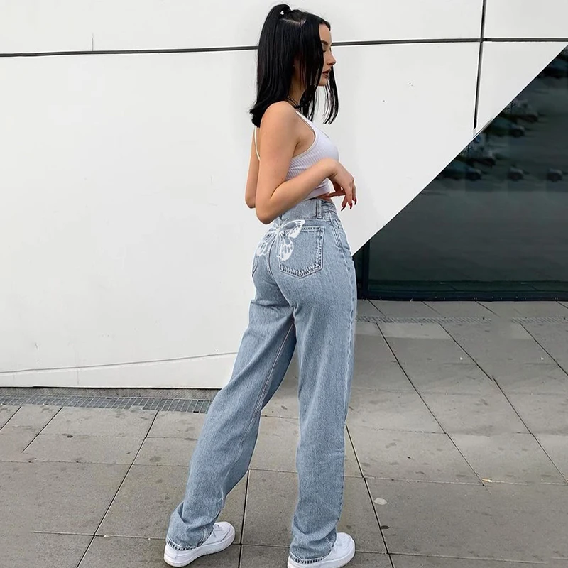 straight leg jeans JMPRS Fashion Butterfly Print Women Jeans High Waist Loose Wide Leg Denim Pants Y2K Mom Boyfriend Capris Straight Trousers 90s zara jeans