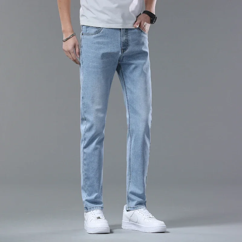 Fashion Korean Light Blue Slim Jeans Men Spring New Classic Regular Stretch Trousers Casual Soft Cotton Denim Trousers Male 2
