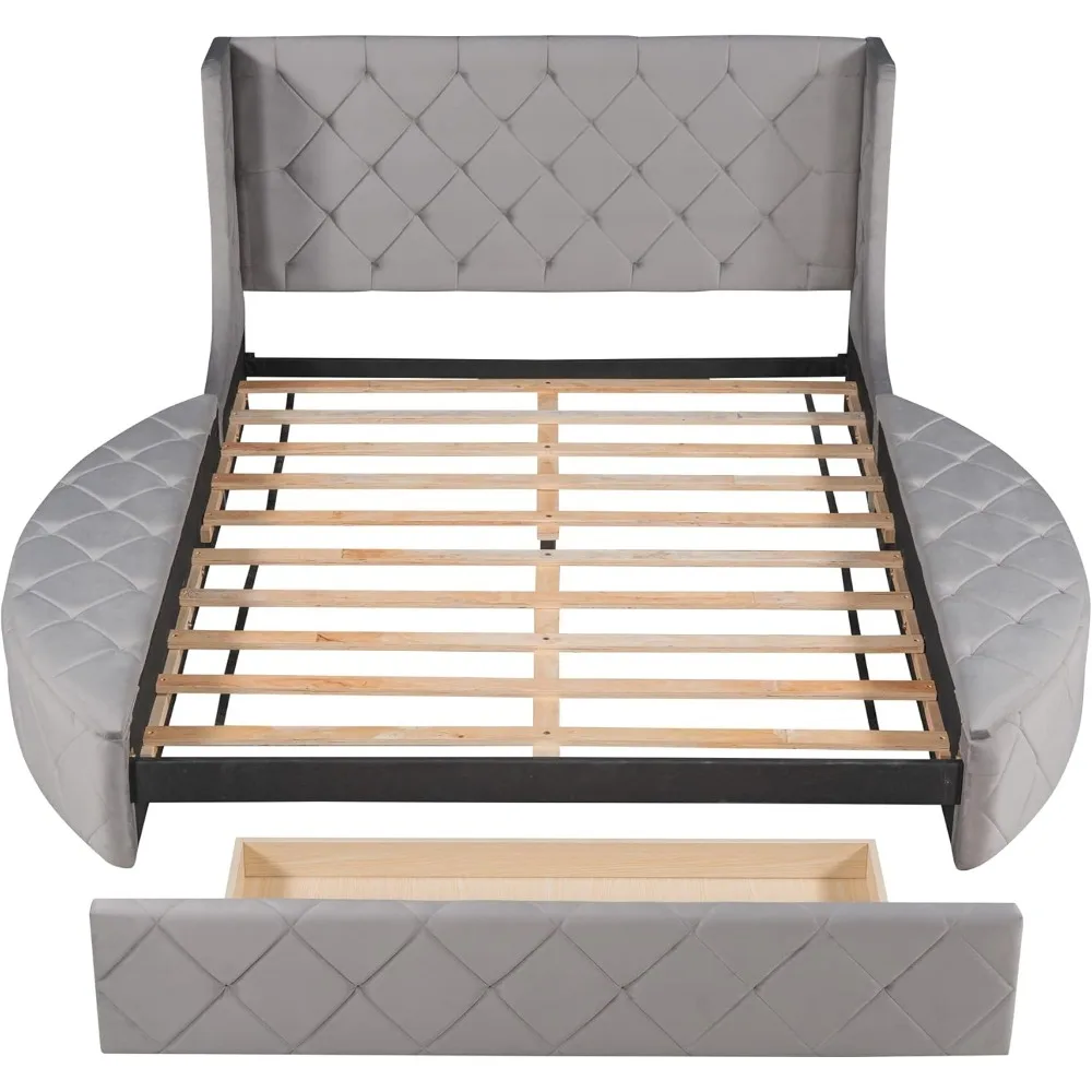 Queen Size Velvet Platform Bed Frame Storage,Upholstered Tufted Bed Frame Wingback Headboard1Big Drawer and2Side Storage Stool 3