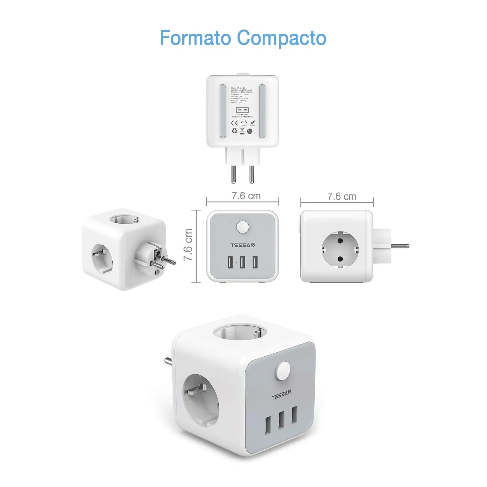 3  AC ܼƮִ TESSAN 6 in 1 EU   3  USB Ʈ /繫  2500W 5V/2.4A    ȣ