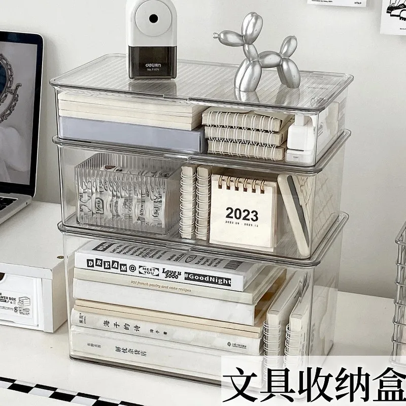 데스크탑 수납함 뚜껑이 있는 대용량 화장품 정리함 투명한 사무용품 책 문서 보관함