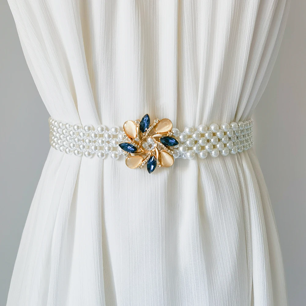 Pearl waist chain women's elastic waist seal rhinestone floral dress accessories ladies ceinture femme luxe vestidos para mujer