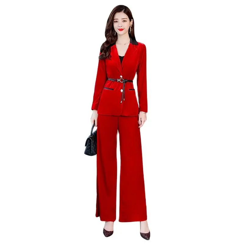 

2023 Spring two piece set women velvet trends fashion sets long sleeve office lady Suit lapel ensemble femme top and pants