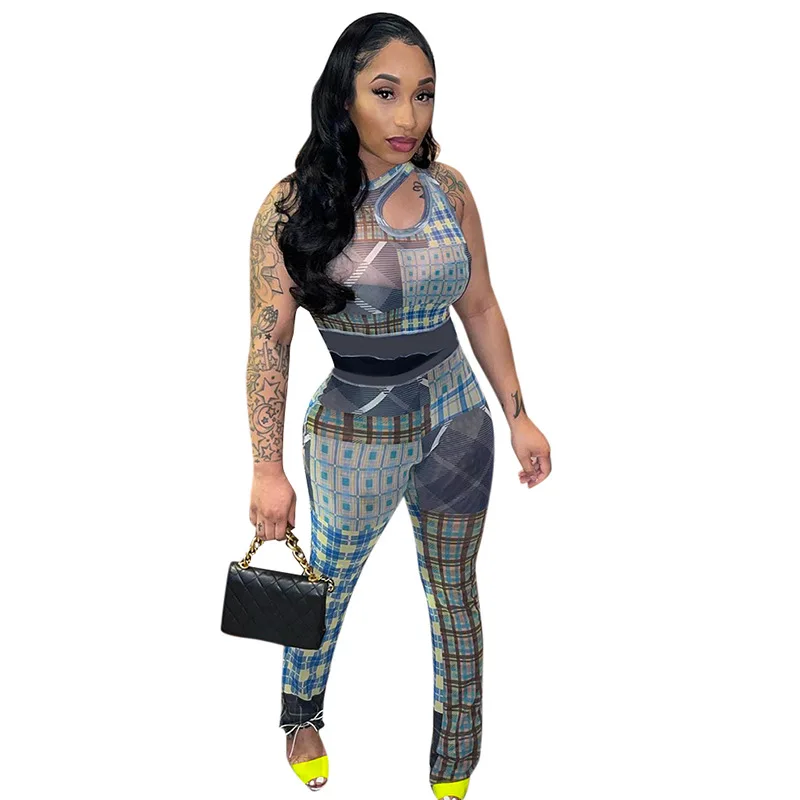 

European And American Women's 2023 Summer New Mesh Printed Hollowed Out Tank Top And Pants Casual Set