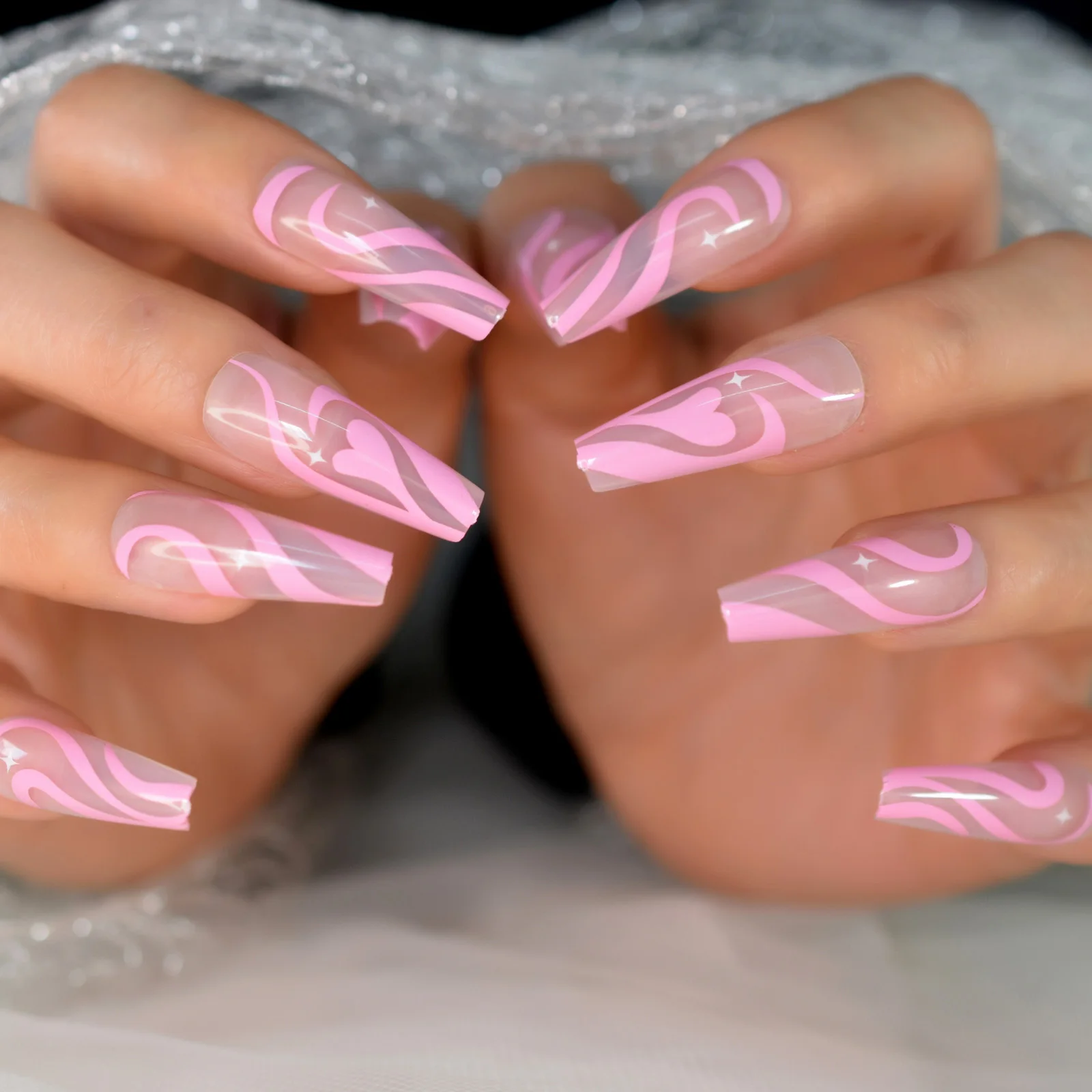 Long Coffin Pink Color Pattern Design Heart Lovely Nails Press On Fingernails  Manicure Art Wholesale Star Design 24 Pcs With Tab - AliExpress