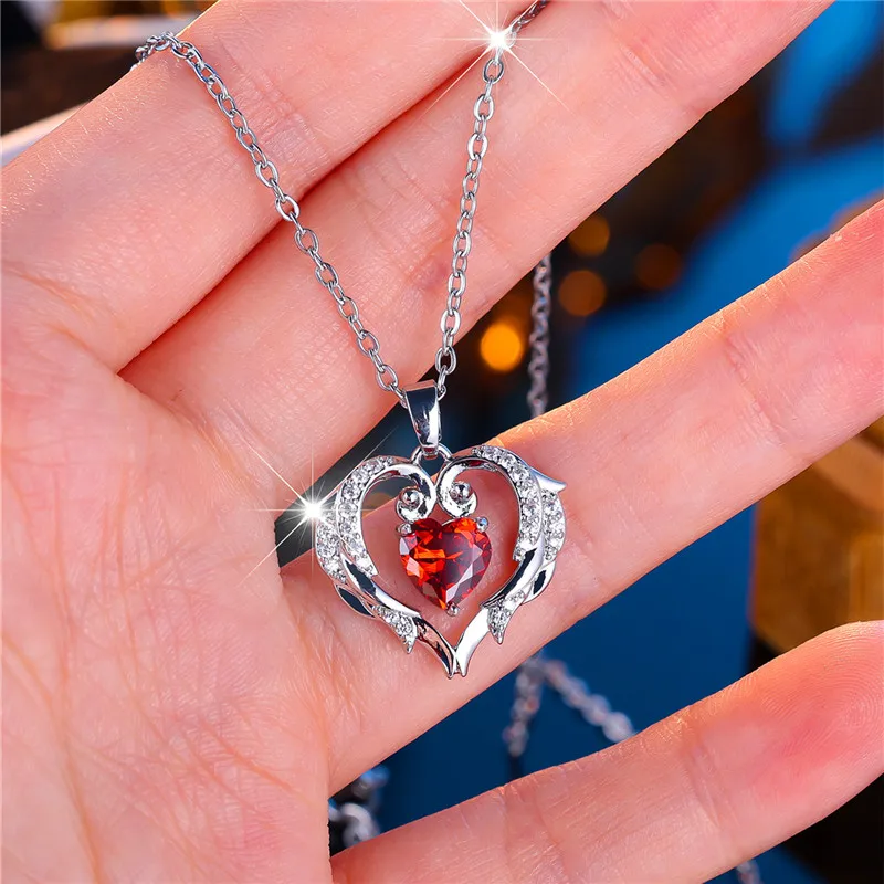Fashion Female Red Heart Pendant Necklace Cute Silver Color Wedding Jewelry Gift For Women