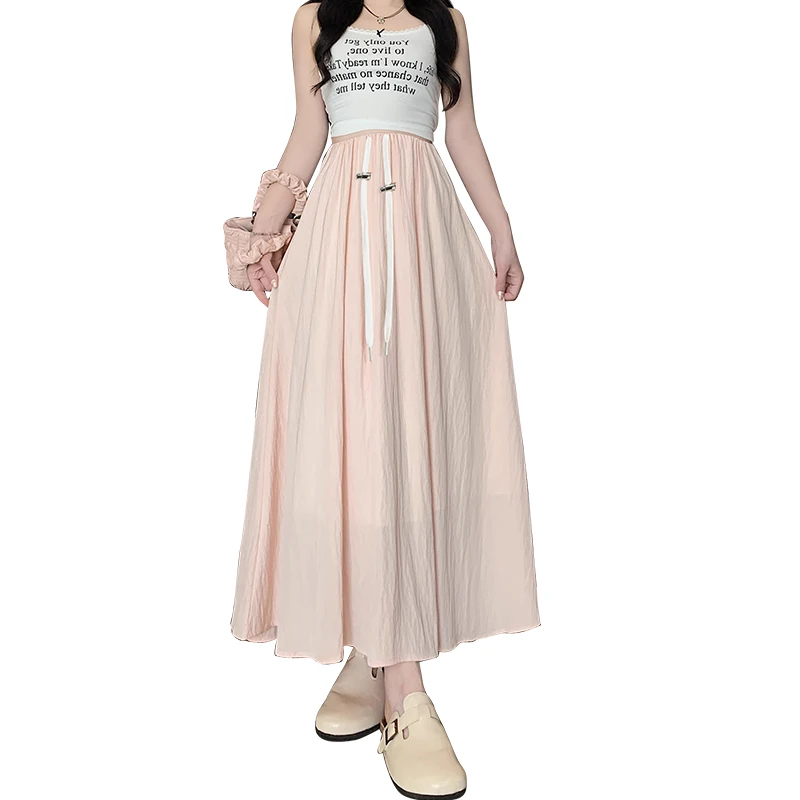 French Style Summer Maternity Flared Skirt Solid Color Drawstring Waist Long Loose Pregnant Woman Skirt with Lining