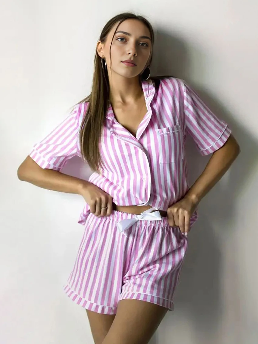 

Marthaqiqi Casual Striped Women'S Nightgown Set Sexy Turn-Down Collar Sleepwear Short Sleeve Nightwear Shorts Loose Home Clothes
