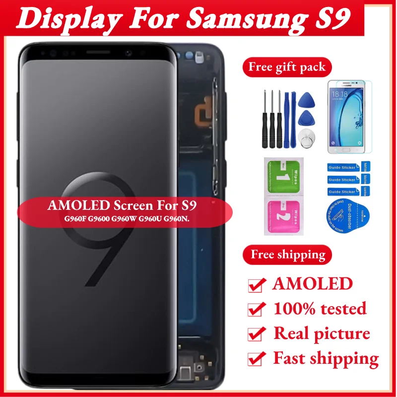 

Touch Screen Digitizer Replacement with Frame, 100% AMOLED for Samsung Galaxy S9, LCD Display, G960F G9600 G960W G960U G960N