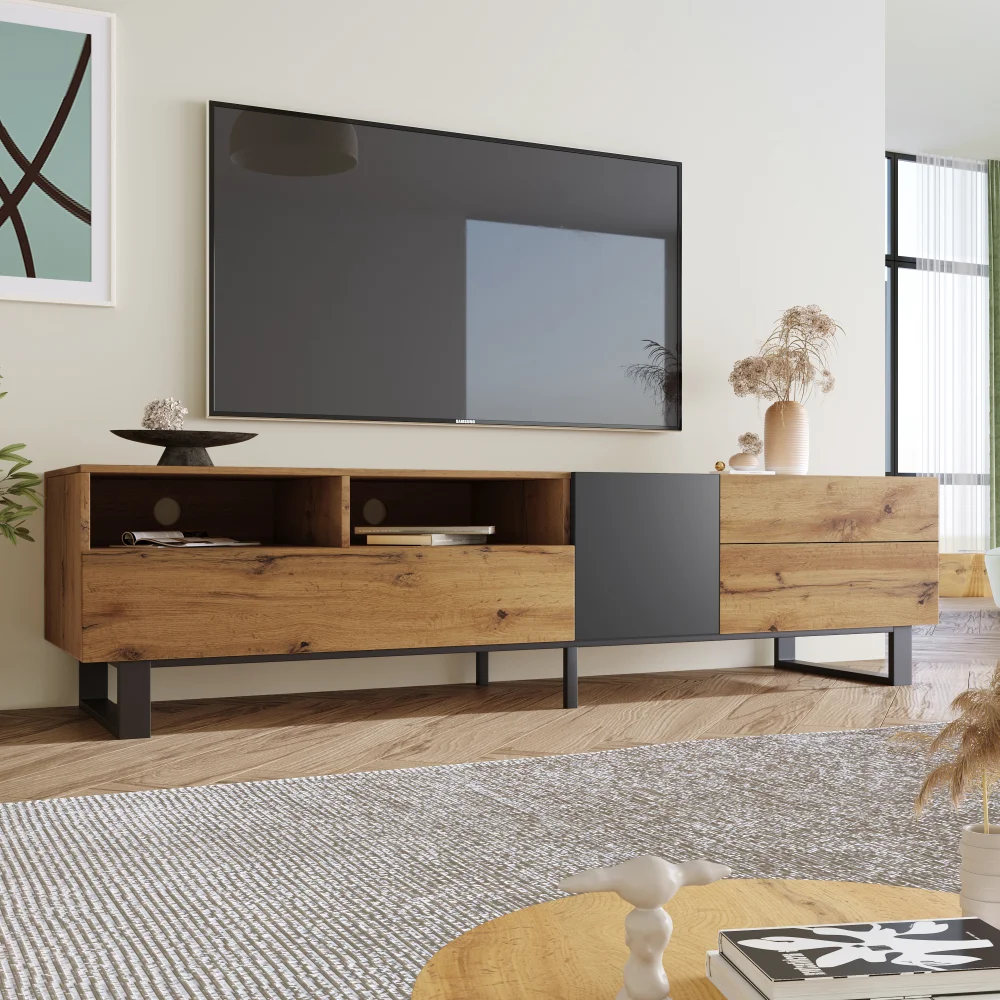PINGGO 180CM Moderner Farbblock-TV-Schrank mit Holzgitter TV-Einheit Aufbewahrungskonsole für Wohnzimmer – Detail 4