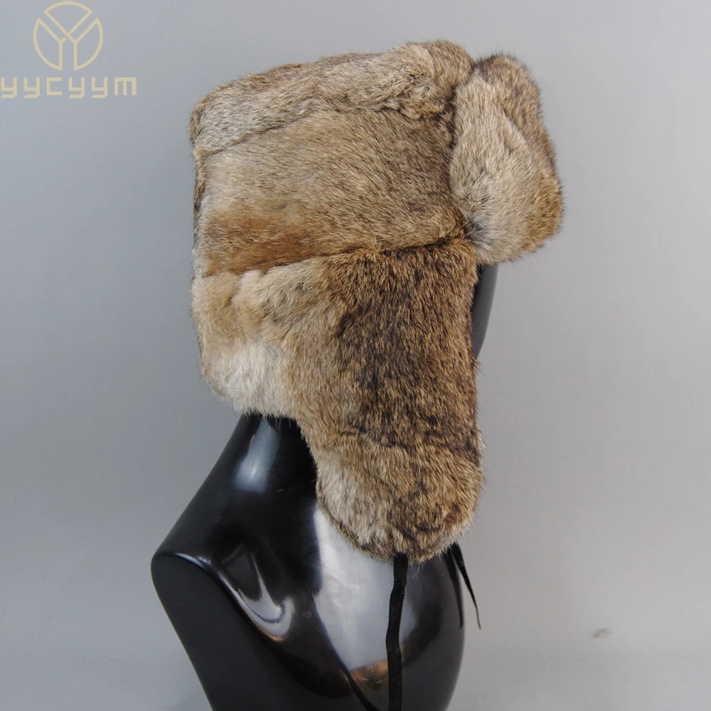 Men's Caps Warm Natural Rabbit Fur Bomber Hat With Earflaps Winter Hot Sale Unisex Warm Russian Ushanka Hat Real Rabbit Fur Hats