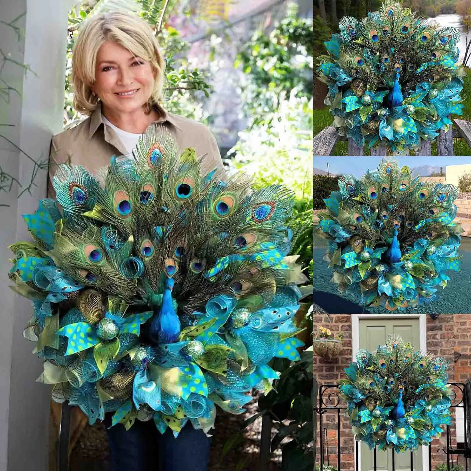 

2023 Gorgeous Peacock Wreath for Holiday Decorations Door Hanging Decoration Non-woven Fabric Eye Catching Turquoise Wreath