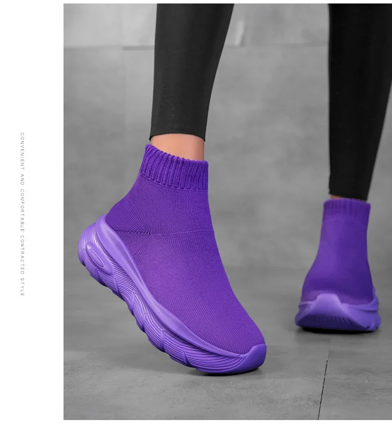 Damenschuhe, klassische High-Top-Sockenschuhe, dicke Sohle, Stretch, Slip-On, lässige Turnschuhe, atmungsaktives Mesh, Outdoor-Wanderschuhe, Schwarz – Detail 16