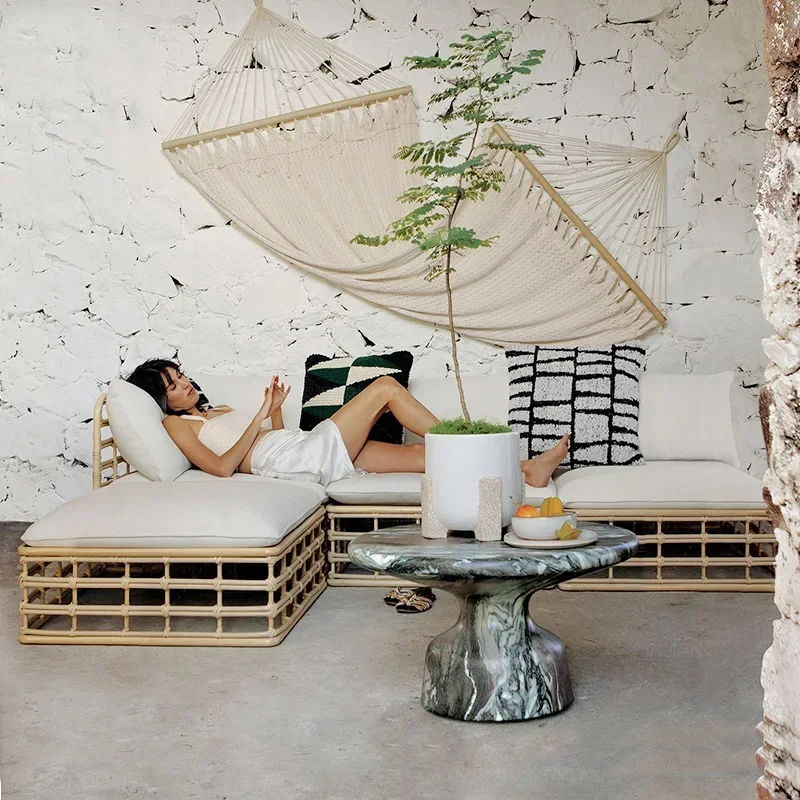 outdoor rattan woven sofa, rain proof, sun proof, leisure small sofa, tea table combination, courtyard garden,