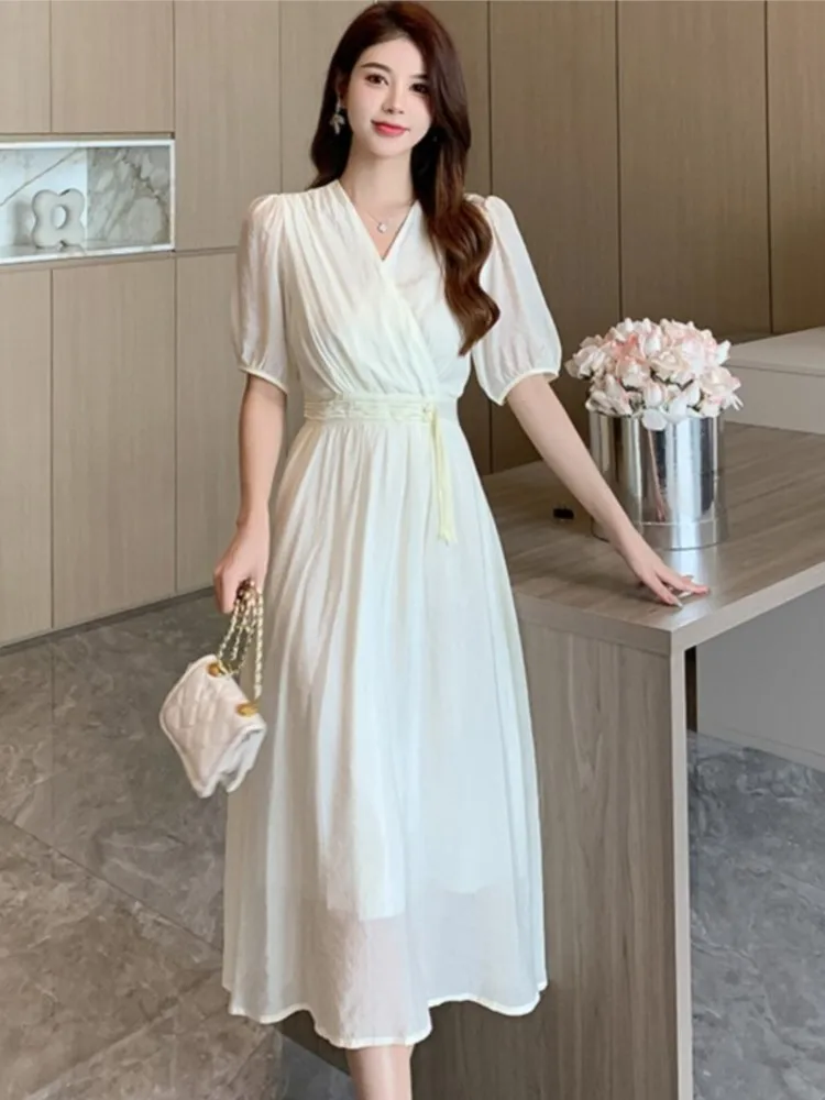 

2023 Korea Elegant V-neck Summer Women Midi Dress Vintage Female A-neck New Party Outfits Fashion Lady Slim Chic Vestidos Robe