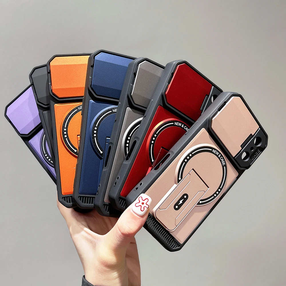 Enhanced Magnetic Folding Bracket Phone Case with Flip Lens Protection and Stand Cover