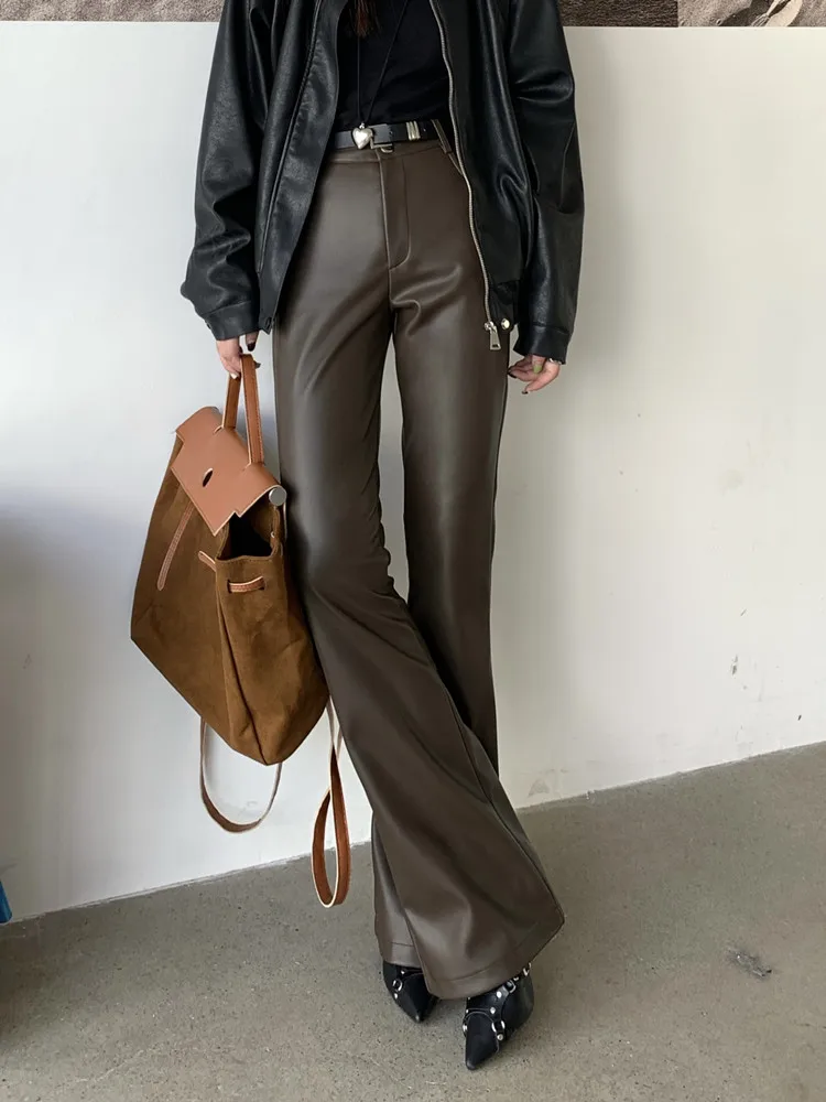 Women's Brown Pu Leather Flared Pants, Streetwear, High Waisted, Vintage, Slim Trousers, Ladies Fashion, Fall Clothes, Y2k,