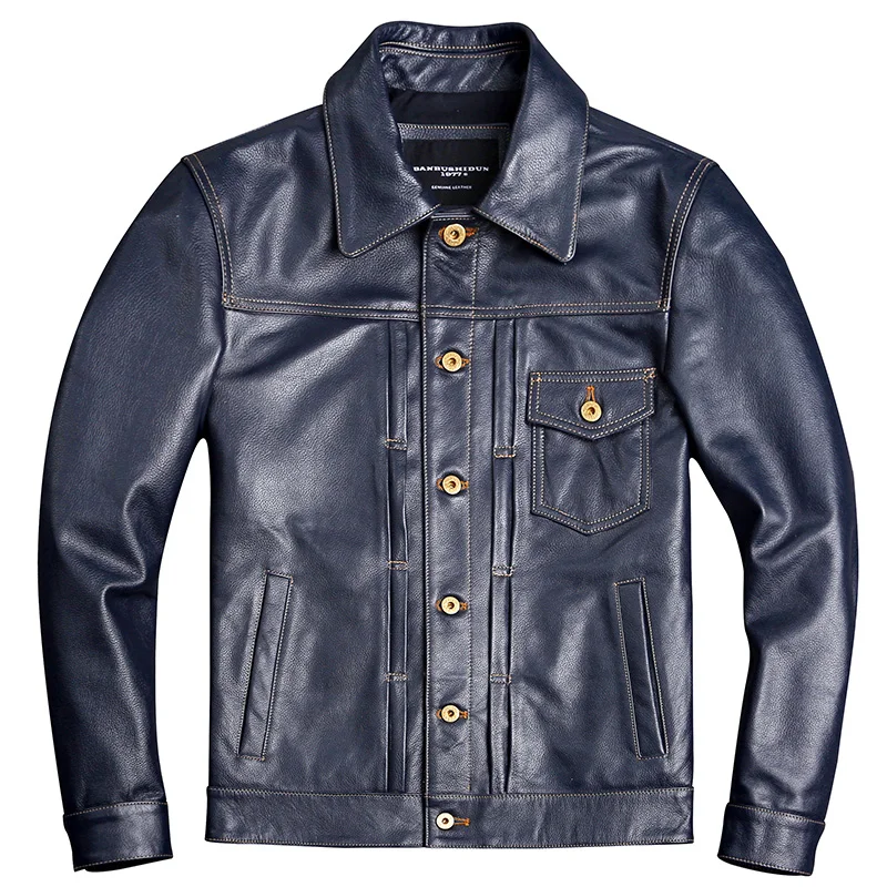 Men Leather Jacket Genuine Cowhide Short Coat Slim Lapel Work Clothes Natural Calf Skin Jackets Men Leather Jacket