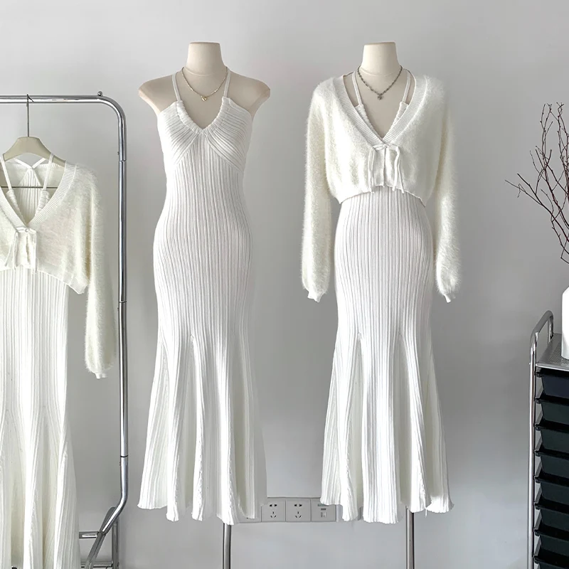 

Imitation Mink Fluff Short Coat + Knitting Dress Sets For Women Halter Fishtail Sling Skirts Vs Jackets Two Pieces Suit