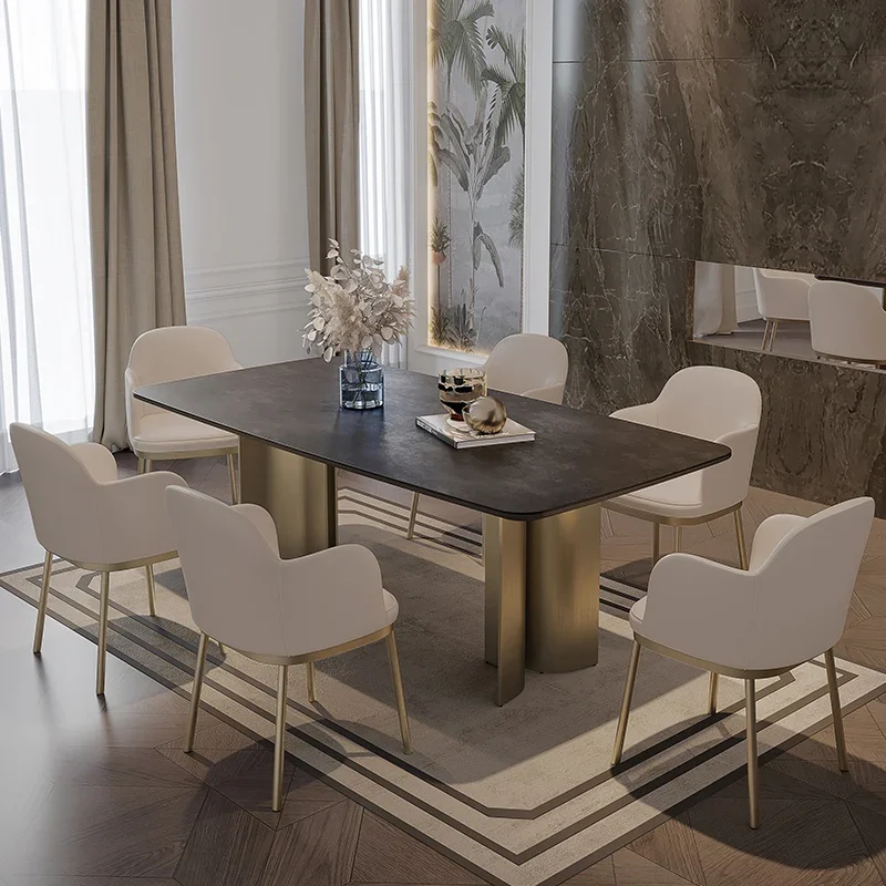 

Minimalist, luxurious, matte black rock plate dining table and chair combination