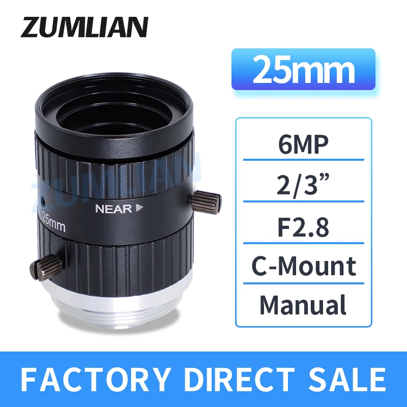 

ZUMLIAN 25mm Fixed Focal Length 6.0MP Low Distortion 2/3 Inch C-Mount Manual Iris F2.8 FA Lens Machine Vision CCTV Camera Lenses