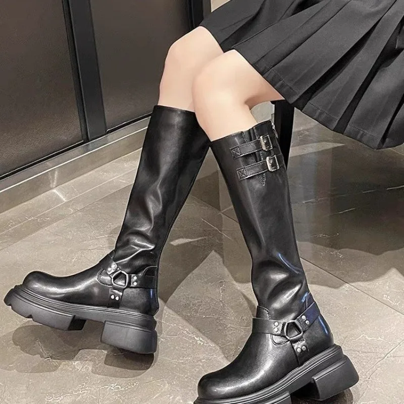 Shoes for Women 2023 Basic Platform Women's Boots Back Zip Knee-High Boots Women Belt Buckle Round Toe Square Heel Shoes Female