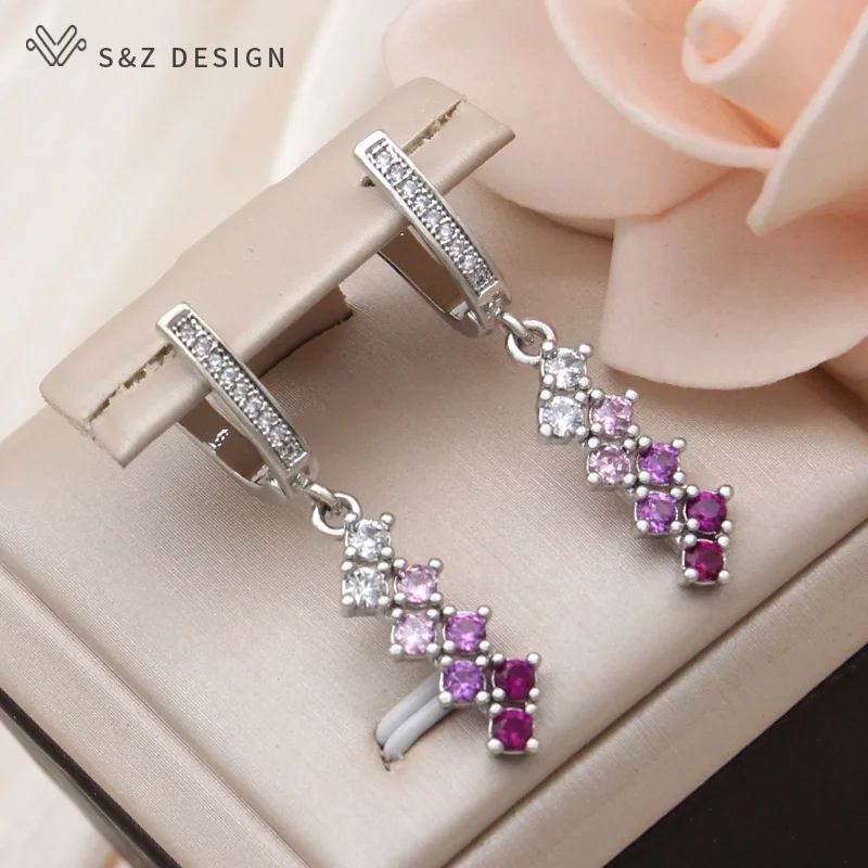 S&Z DESIGN New Fashion Elegant Pink Gradation Cubic Zirconia Dangle Earrings For Women Wedding 585 Rose Gold Color Jewelry Gift