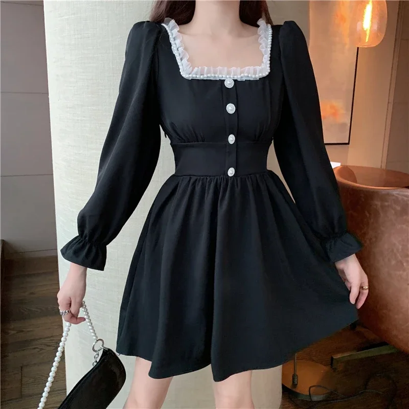 

Autumn Women's Japanese Mini Lolita Dress with Square Collar Lace Pink Plaid Beaded Bell Sleeve Cute Kawaii Female Dress