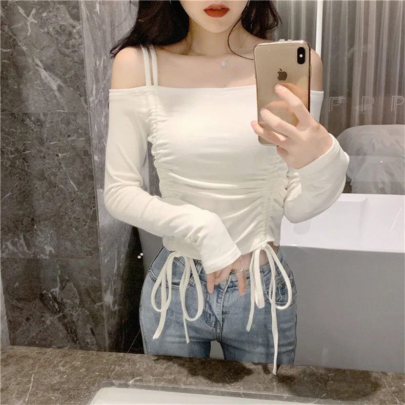 

Spring / Summer New Lace Up Drawstring With Navel Exposed One-line Collar With Shoulder Exposed Short Slim T-shirt Women Tshirt