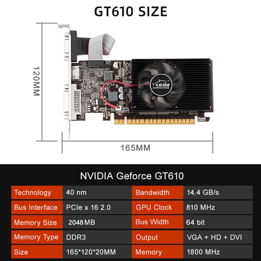 thumbnail image 1 of Tarjeta de video GT610 1/2 GB PCIE X16 2.0 Tarjeta gráfica NVIDIA GeForce GT 610 DDR3 VGA HD DVI 64 bits 1800 MHz Tarjeta gráfica GPU GT610, 1 of 5