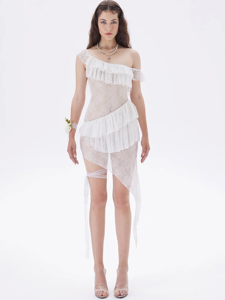 JULISSA MO Sexy See Through Lace Ruffle Women Dress White Off Shoulder Evening Dress Female Summer Skinny Elegant Beachwear 2025