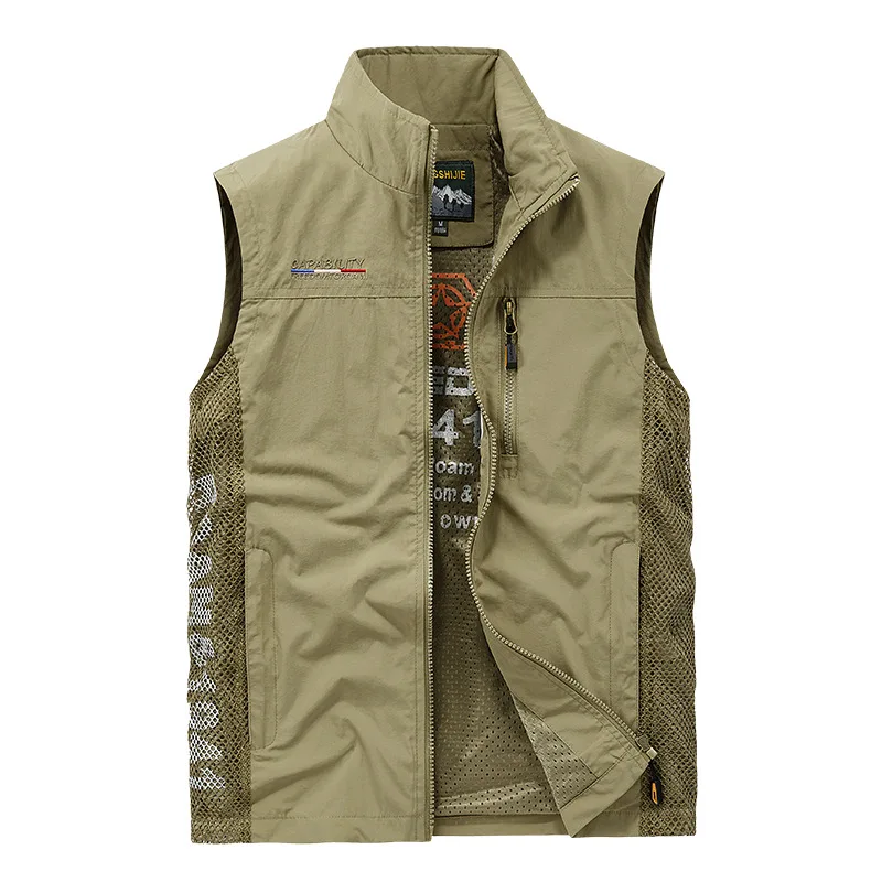 Spring Autumn Men's Vest Workwear Casual Fashion Turn-down Collar Jackets Pockets Net Yarn Vintage Sleeveless Coat Zip-up Tops