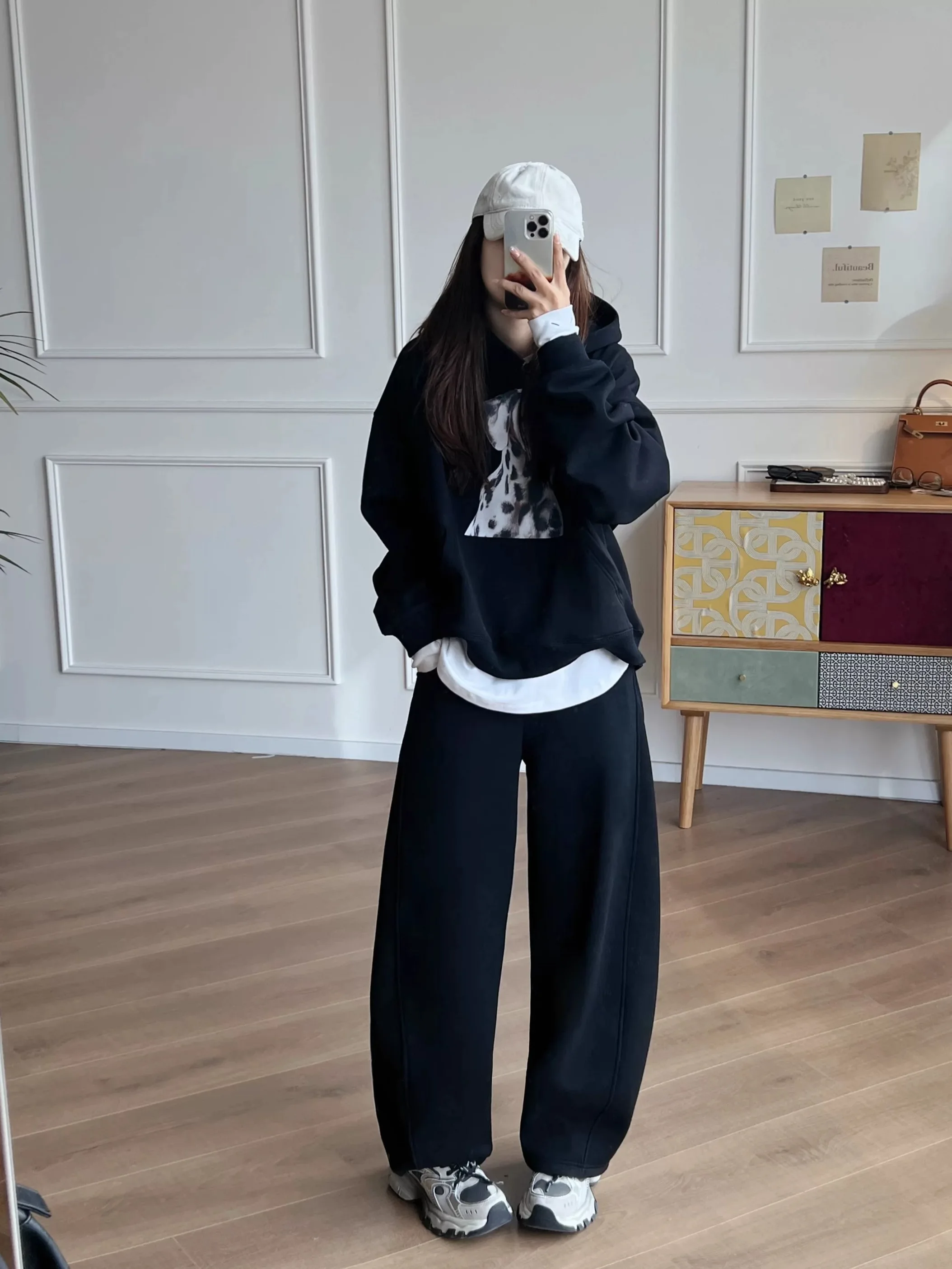 임산부 두꺼운 양털 안감 와이드 레그 바나나 바지 캐주얼 루즈핏 겨울 출산 바지 코튼 폴리에스테르