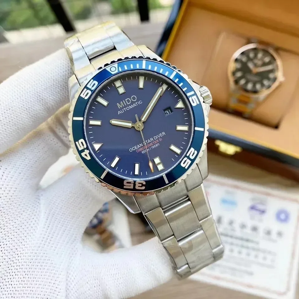 

Модные мужские часы, автоматические механические наручные часы MIDO Design Super Ocean, белые, синие, высокое качество 904L, нержавеющая сталь AAA