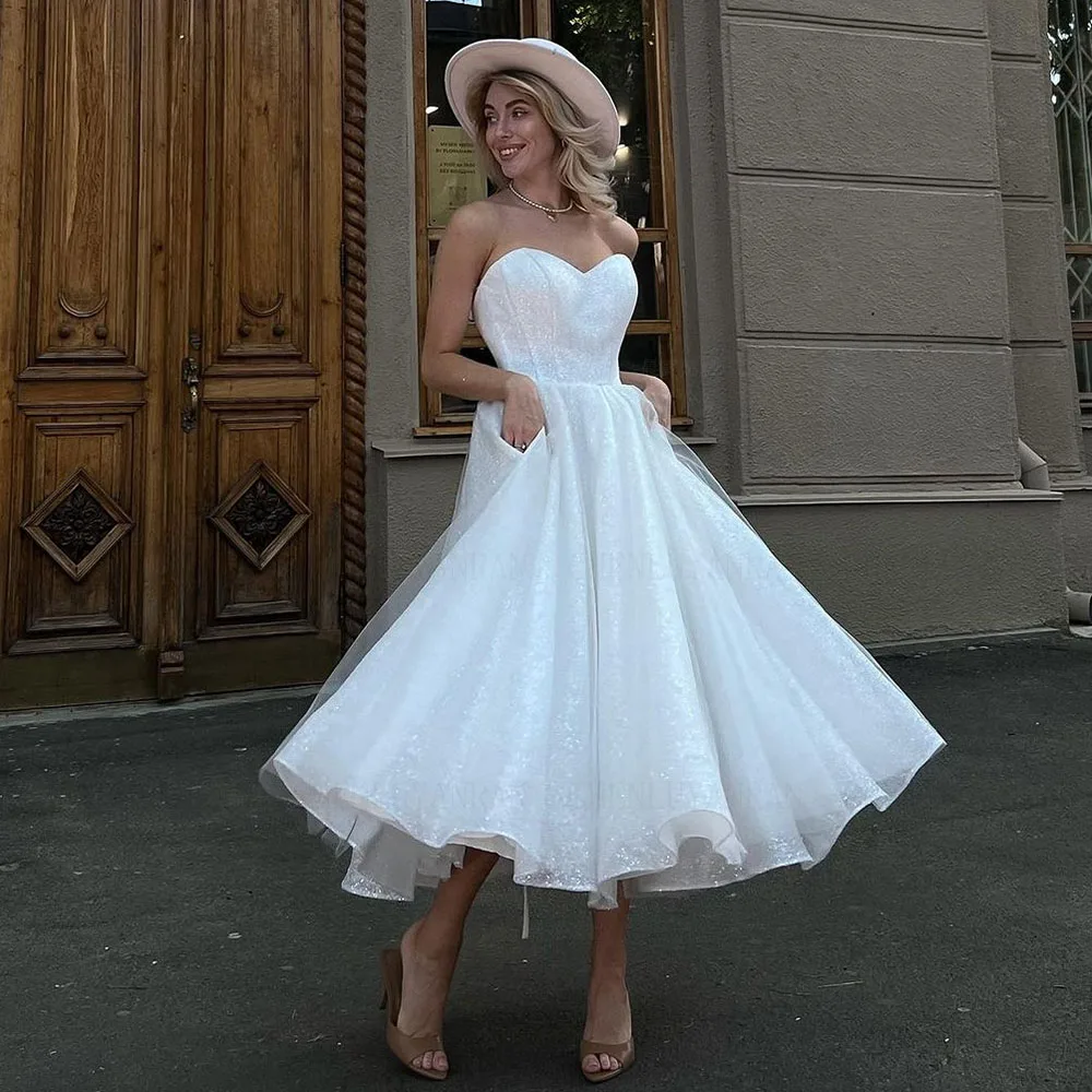 Glitter Ivory Wedding Dresses With Pockets Tea-Length Tulle Bride Dress Strapless Slit Sexy Dress For Women 2023 Robe De Mariee 5