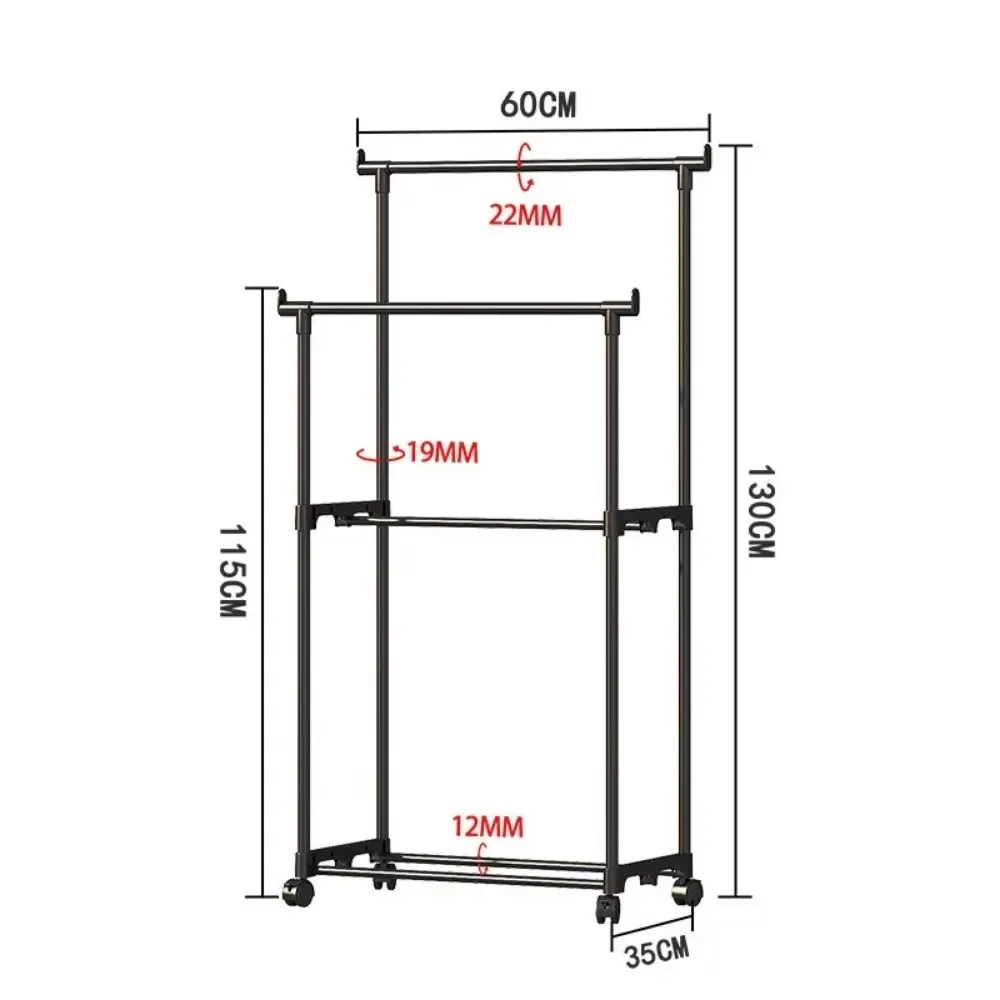 Double-Rod Clothes Rack Clothes Rack With Hooks Hanging Clothe Organizer For Bedroom Movable Bedroom Clothing Hanger With Wheels 6