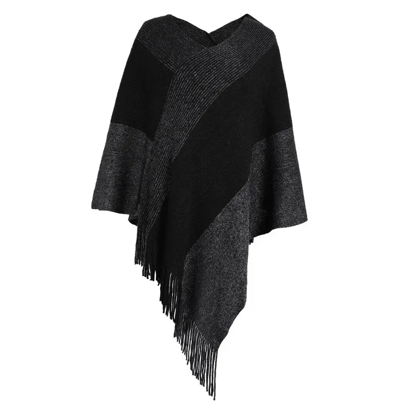 

Autumn Winter New Women Color Contrast Cloak Shawl Sweater Coat Fa4shion Street Tourism Poncho Lady Capes Black Cloaks