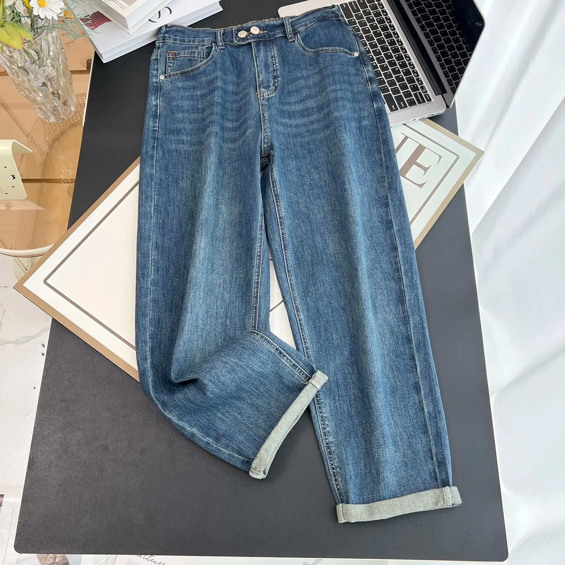 Premium Jeans 100KG Plus Size Women's Simple And Casual Double Button Thin Denim Harem Pants 5339